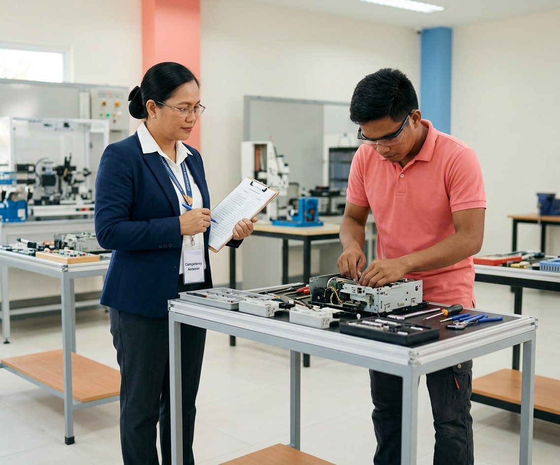 An assessor with a checklist watching a candidate work on a circuit board