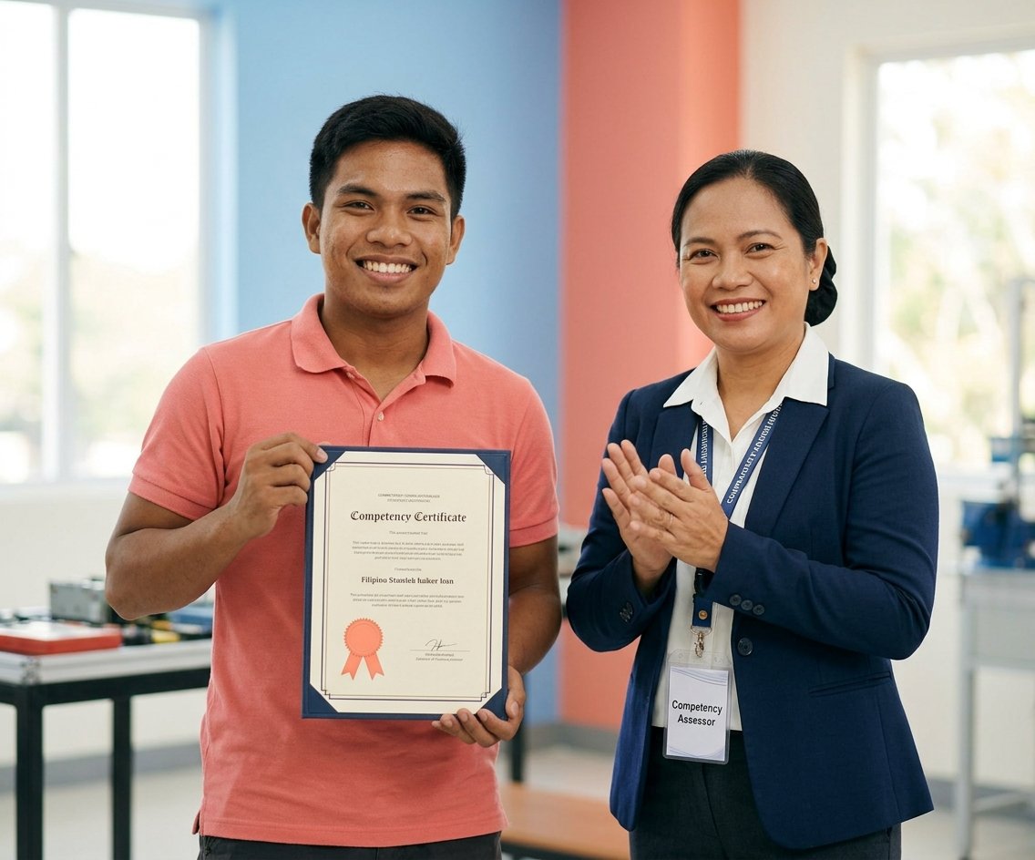 A new graduate holding a competency certificate beside the assessor